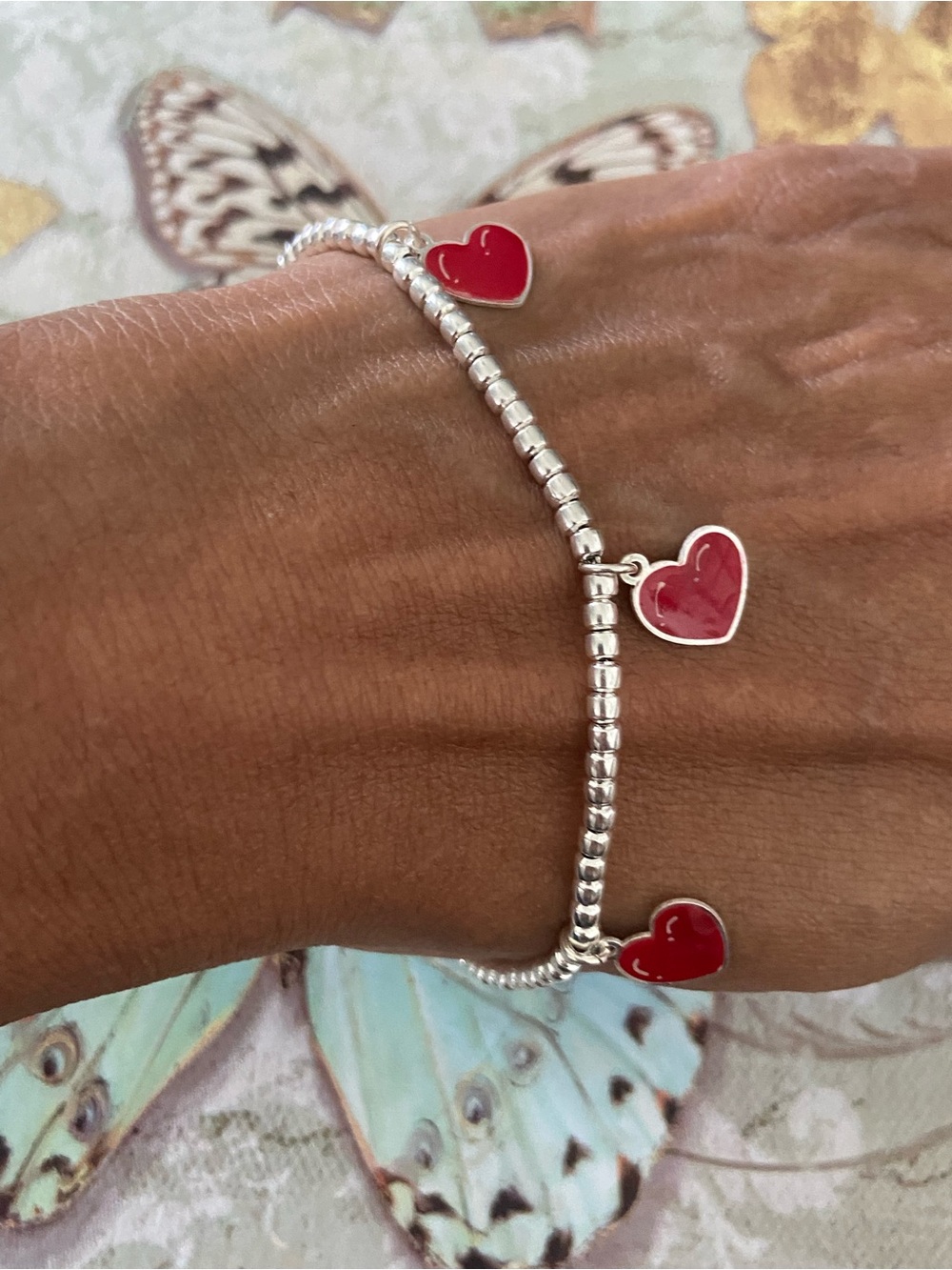 Silver 925 Style Beaded Bracelet with Red Heart Charms